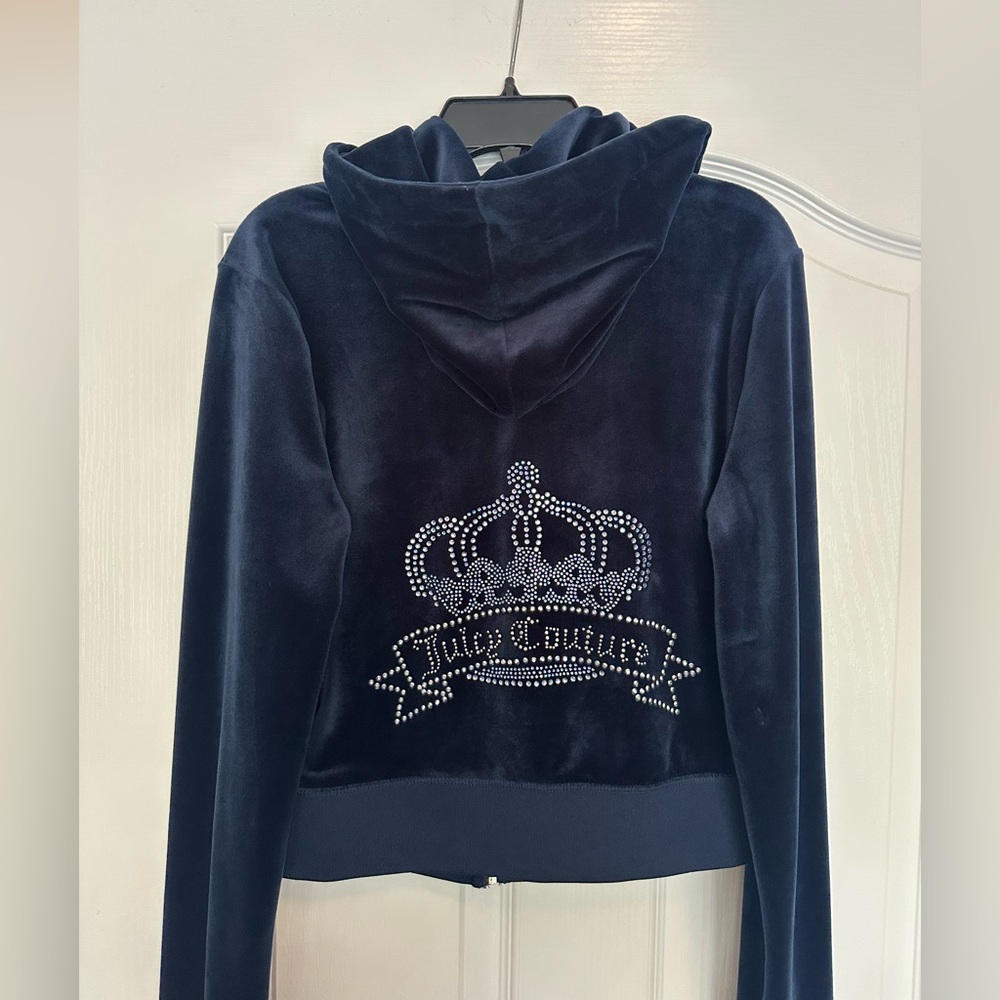 Juicy Couture Navy Velour Cropped Hoodie with Crown Design size Small